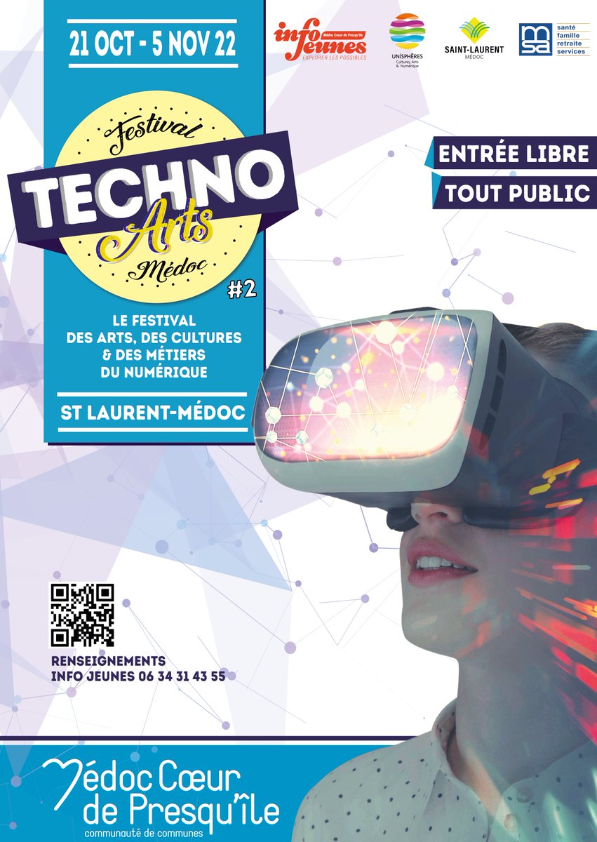 UNISPHERES's tweet photo. [SAVE THE DATE - TECHNO ARTS MEDOC #2] 
Du 21 octobre au 5 novembre 2022, nous vous donnons rendez-vous à Saint-Laurent-Médoc pour la seconde édition des Techno Arts Médoc : Le Festival des Arts, des Cultures &amp; des Métiers du Numérique 🤗 https://t.co/CVBq8FEIrA