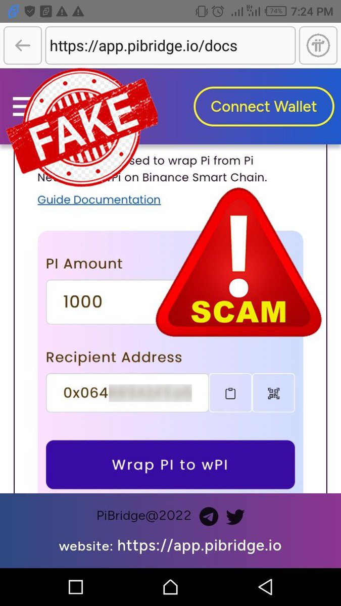 Pi Bridge is a Big Scam Project!!!
🆘NEVER SHARE YOUR 24 wallet security phrases.
🆘NEVER send your Mainnet Pi to any wallet to be able to set up your commodity exchange at PCM.
Scammers fake the profiles of DApps  to trick &amp; rob you.

#PiPayment #PiNetwork