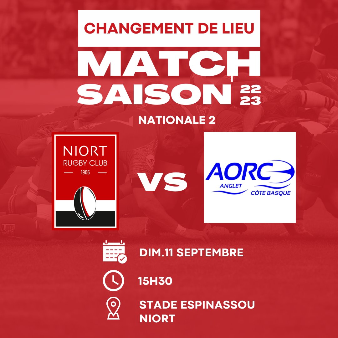 NiortRugbyClub's tweet photo. ⚪️🔴 // 🚨Modification Lieu🚨
// Tous à Espinassou ce dimanche !

Rdv pour le premier choc de cette saison 22-23, contre Anglet Olympique Rugby Club, dimanche 11 septembre à 15h30, au stade Espinassou !🔥

En savoir plus sur le changement de lieu👇https://t.co/RqzRIebsJx

#Niort https://t.co/EyK3lFRGMZ