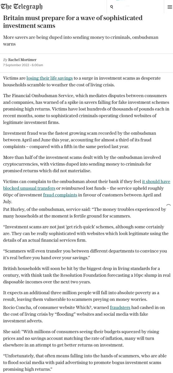 Britain must prepare for a wave of sophisticated investment scams.  More savers are being duped into sending money to criminals, financial ombudsman warns.  #fraud #APP