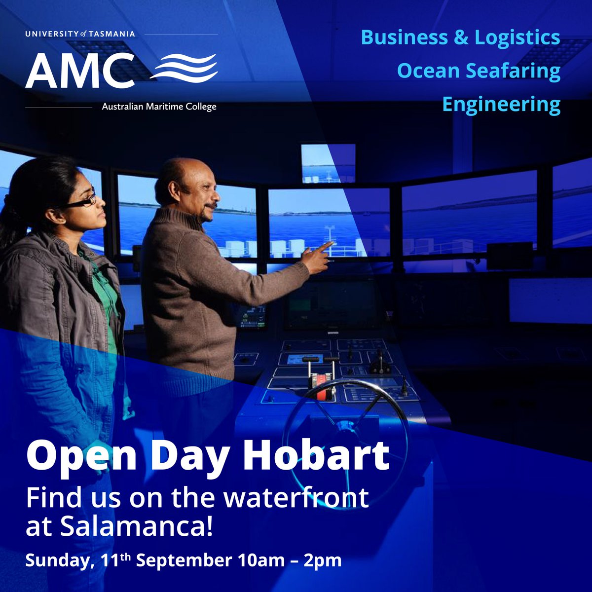 AMC (@amctasmania) on Twitter photo Join us for <a href="/UTAS_/">University of Tasmania</a> Hobart Open Day this Sunday 11 September 10am-2pm at Salamanca with the Institute for Marine and Antarctic studies.
Drive our ship simulator, inspect an autonomous underwater vehicle, or chat with us about maritime, coastal or global careers. Join us for <a href="/UTAS_/">University of Tasmania</a> Hobart Open Day this Sunday 11 September 10am-2pm at Salamanca with the Institute for Marine and Antarctic studies.
Drive our ship simulator, inspect an autonomous underwater vehicle, or chat with us about maritime, coastal or global careers.