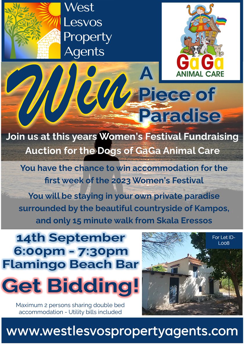 Proud to announce we are donating to the fundraising auction at #FlamingoBeachBar for #GAGAANIMALCARE 🐶Join us in one week for your chance to bid on a weeks accommodation to next years #SapphoWomenInternationalEressosWomensFestival 🥳🥳🥳
#jointhefun #goodcause #womensfestival