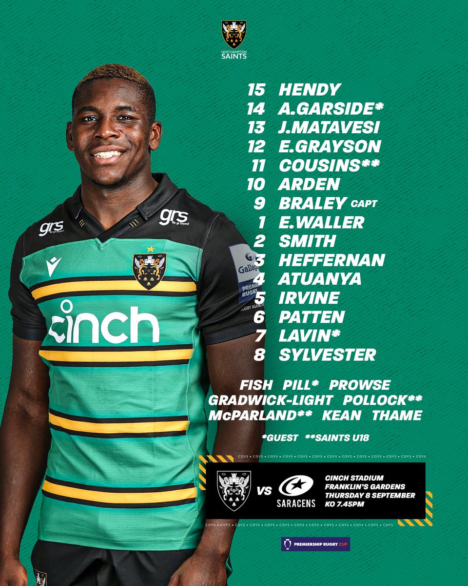 Your season-opening Saints 😇

It's a youthful looking side that hosts Saracens in the #PremRugbyCup tomorrow evening.

➡️ northamptonsaints.co.uk/PRC-Team