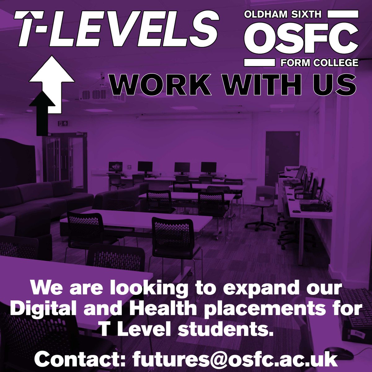 We are looking for organisations in the Digital and Healthcare sectors, who would be interested in working with us, to offer our T Level students work placement opportunities.

If you are interested/would like more info, please email futures@osfc.ac.uk

#WeAreOSFC #TLevels