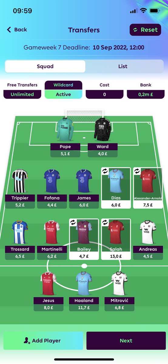 student_fpl's tweet photo. Pulled the trigger and made the WC active. Hade to fix too many things within the next 2-3 GWs so was better not to wait. What do you think about this draft? I’d say that only Haaland + Trippier is 100% locked in. #FPLCommunity #wildcard #wildcarddraft #fpl https://t.co/eo4gJDoP3i