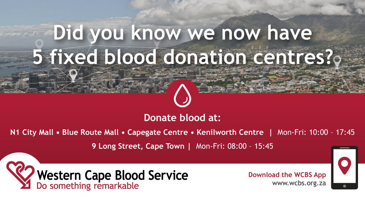 KFMza's tweet photo. Want to #DoSomethingRemarkable? 30 minutes of your time could save 3 lives
@The_WCBS has 5 fixed blood centres across CPT in Blue Route Mall, N1 City, Capegate Centre, Kenilworth Centre & on 9 Long Street.
More info: https://t.co/MMsBRIVpCj
#5CapeTownBloodDonationCentres https://t.co/B9D77PU3rg