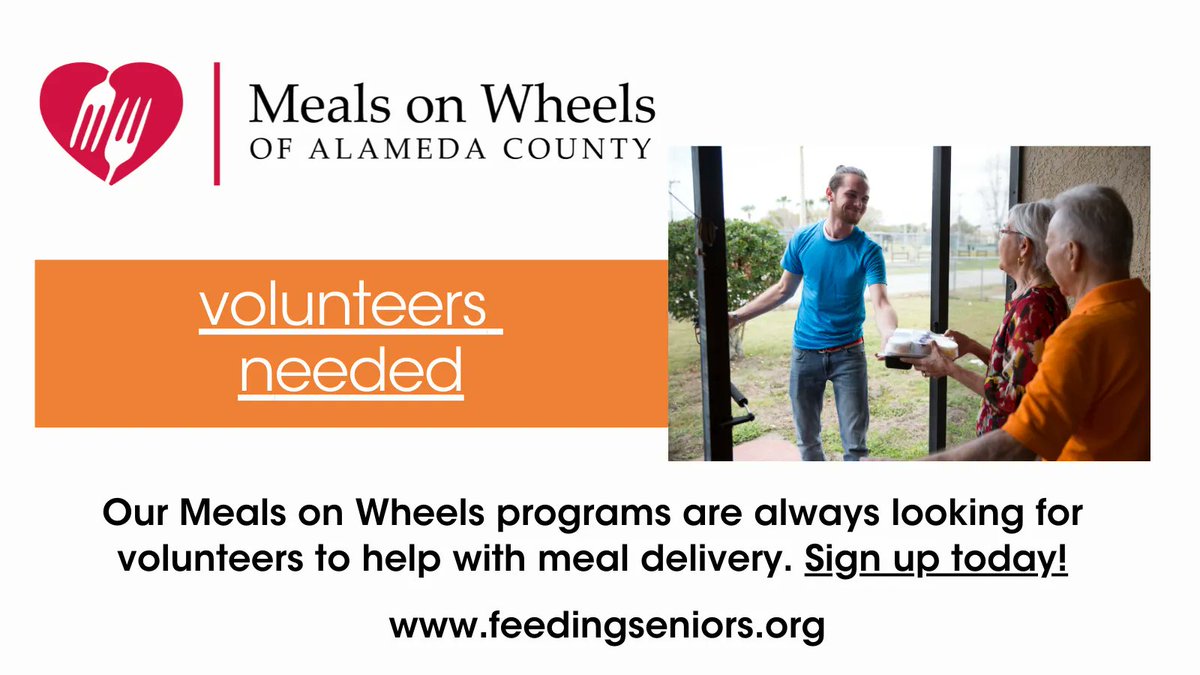 Volunteers needed! Our programs need your help to serve meals to more than 2,700 meals each day. In only two hours a week, you can change two lives; that of an isolated senior neighbor and your own! Sign up today at buff.ly/3ynEYSg!
 
#EastBay #Community #MealsOnWheels