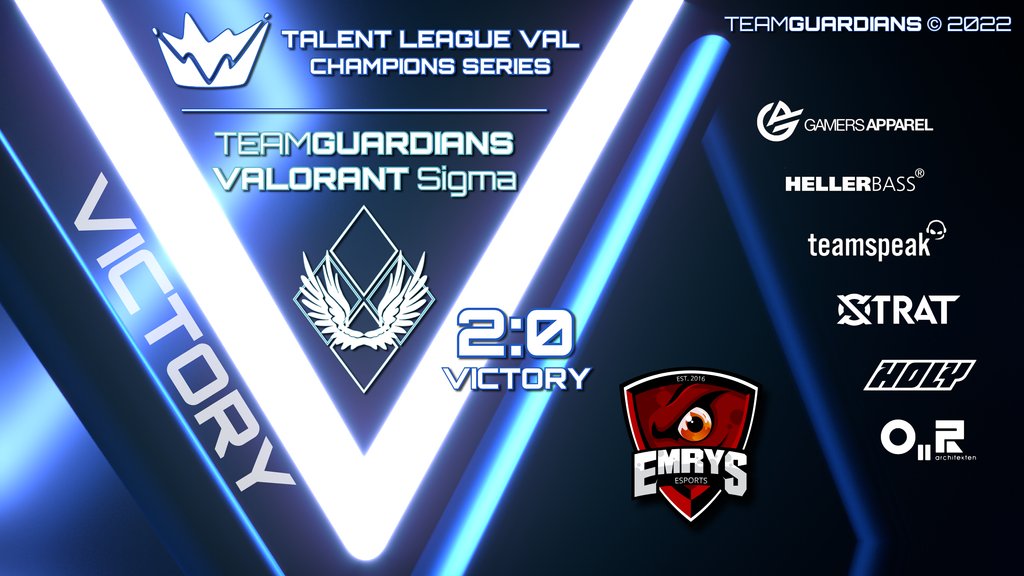 📣 TEAM GUARDIANS 2:0 EMRYS 📣

<a href="/TalentValorant/">Talent League Val</a> 
CHAMPIONS SERIES
SEMI-FINAL

VICTORY!!
Team Guardians Valorant #Sigma won 2:0 vs. <a href="/EmrysEsports/">Emrys Esports</a> and advanced to the #FINAL

GG WP 🥳!!

#teamguardians #guardax 

<a href="/teamspeak/">TeamSpeak</a>
<a href="/GamersApparel/">Gamers Apparel</a>
@holyquad_de
<a href="/xstratapp/">XStrat - Plan your victory</a>

#valorant #werbung