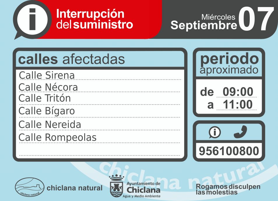 chiclananatural's tweet photo. ACTUALIZACIÓN: Se añade C/ Rompeolas
🔌 ATENCIÓN. Comunicación de cortes de suministro en la localidad de dos h. aproximadamente (de 09:00 -11:00h). Motivo: avería. Las zonas afectadas son las siguientes aparecidas en la imagen
disculpen las molestias
#Chiclana #CortedeSuministro https://t.co/Pi2hseDO23