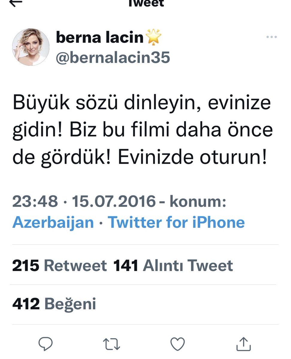 15 Temmuz’da “Eve erzak almaya değil devlete sahip çıkmaya geldik” yazıp kalbinden vurulup şehit olan Batuhan Ergin gibi kahramanlarımızı konuşalım, 15 Temmuz darbesi için “film”, “tiyatro” diyen ve “Evden çıkmayın”
diye korkakları değil.