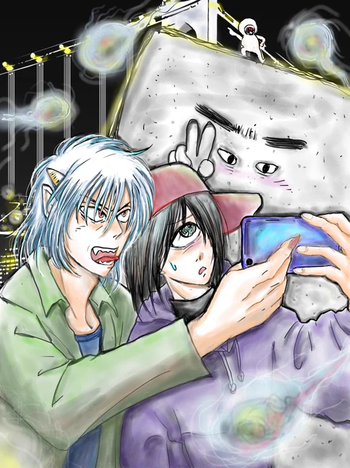 鬼くんと単眼くん。 「⋯お前ら、はいんねーよ」#鬼  #単眼 #イラスト #みんなで楽しむTwitter展覧会  #塗り壁 