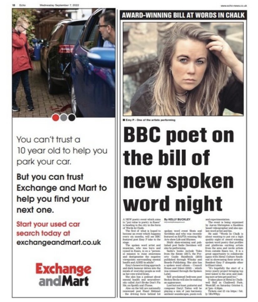 Your favourite scruff is in this weeks Echo Newspaper. 

If you haven’t got your tickets yet for Words in Chalk - then grab an early bird ticket now for just £5.

Words in Chalk
Metal Southend- Chalkwell Hall // Southend 
Saturday 8th October 2022

eventbrite.co.uk/e/words-in-cha…