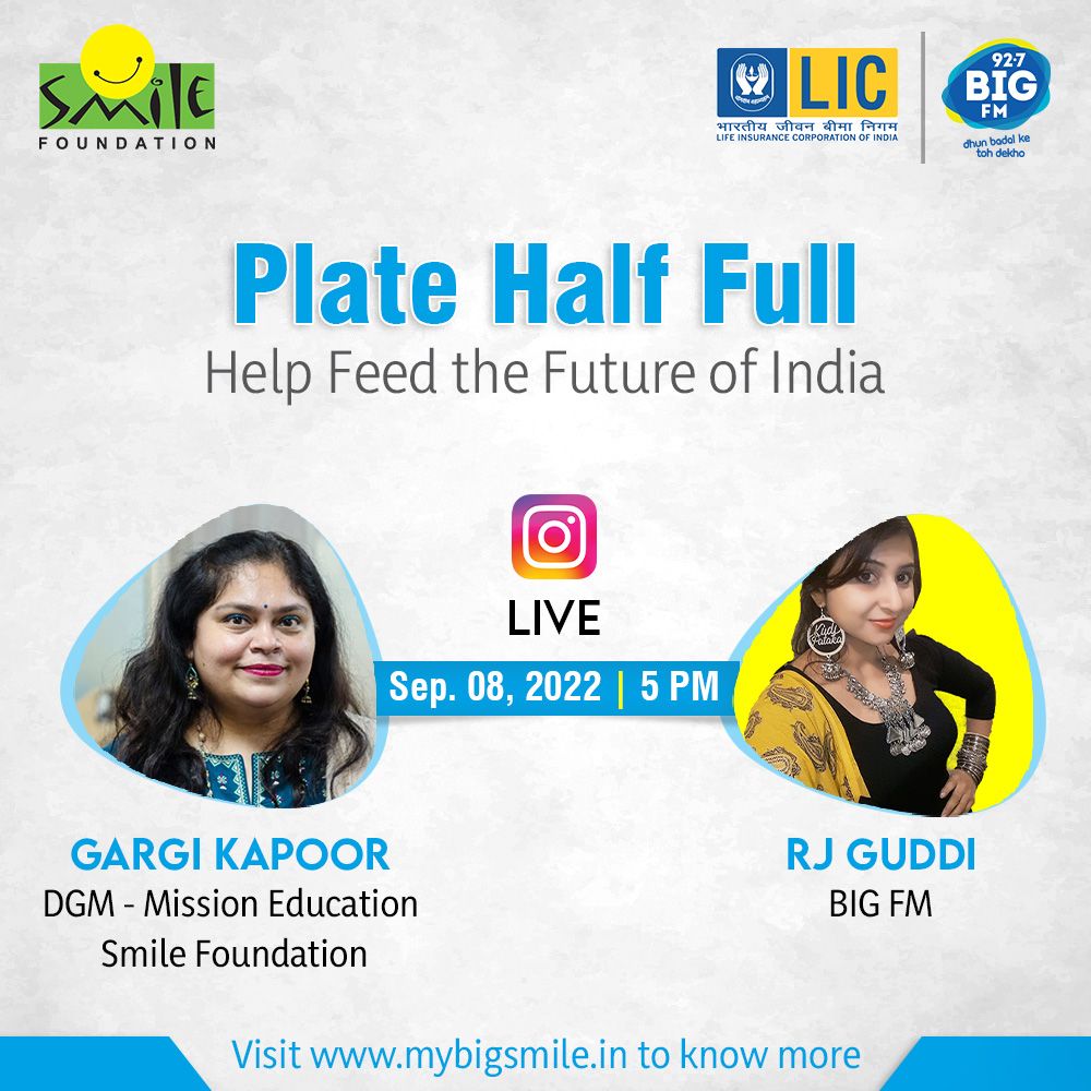 smilefoundation's tweet photo. Join hands with @smilefoundation & @bigfmindia to ensure that 2.7M nutritious meals reaches to 10K+ less privileged children.
#PlateHalfFull
Join Gargi Kapoor & RJ Guddi - Live on Insta, Tomorrow at 5PM.
🔗https://t.co/H4bTd5fNT7
🔗https://t.co/ZmmdxxRJFx
https://t.co/lbd0OEJKCZ https://t.co/ly8PlhckS6