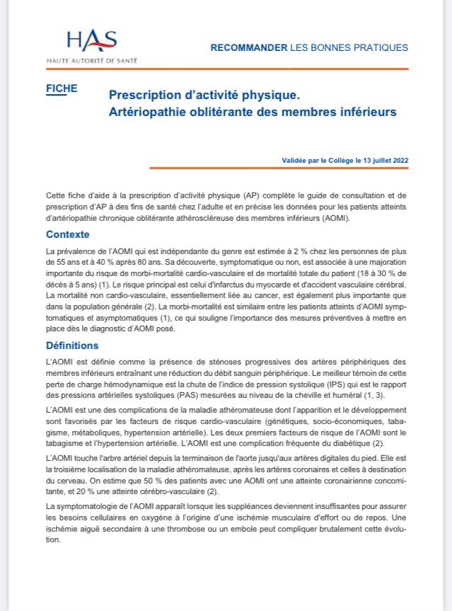 Fiche <a href="/HAS_sante/">Haute Autorité de santé</a> Prescription d’activité physique Artériopathie oblitérante des membres inférieurs #sportsurordonnance #AOMI has-sante.fr/upload/docs/ap…