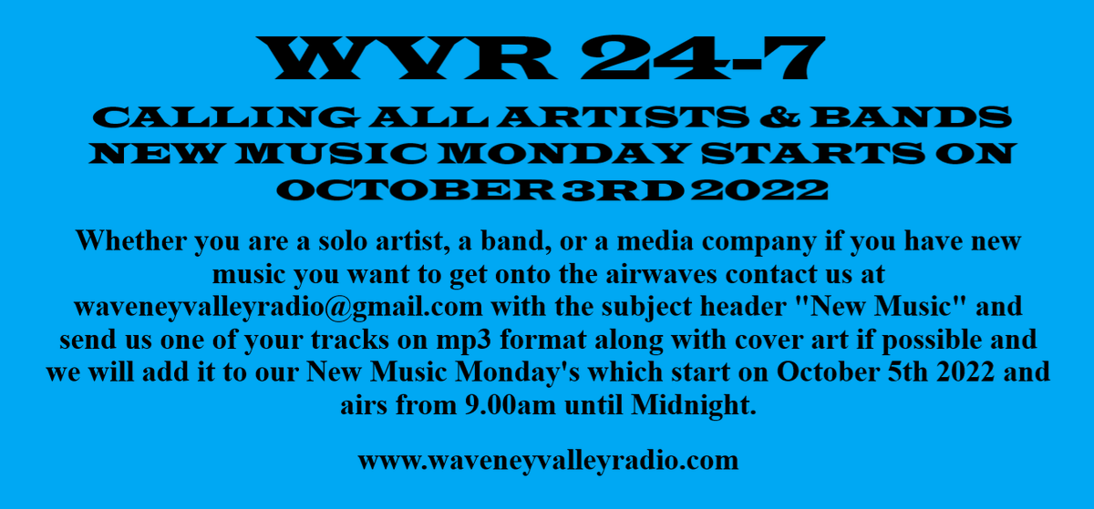Waveneyvalleyr1's tweet photo. There is still time to send us your new music for New Music Monday which starts on Monday 3rd October.
e-mail waveneyvalleyradio@gmail.com https://t.co/MXpQbDu67c