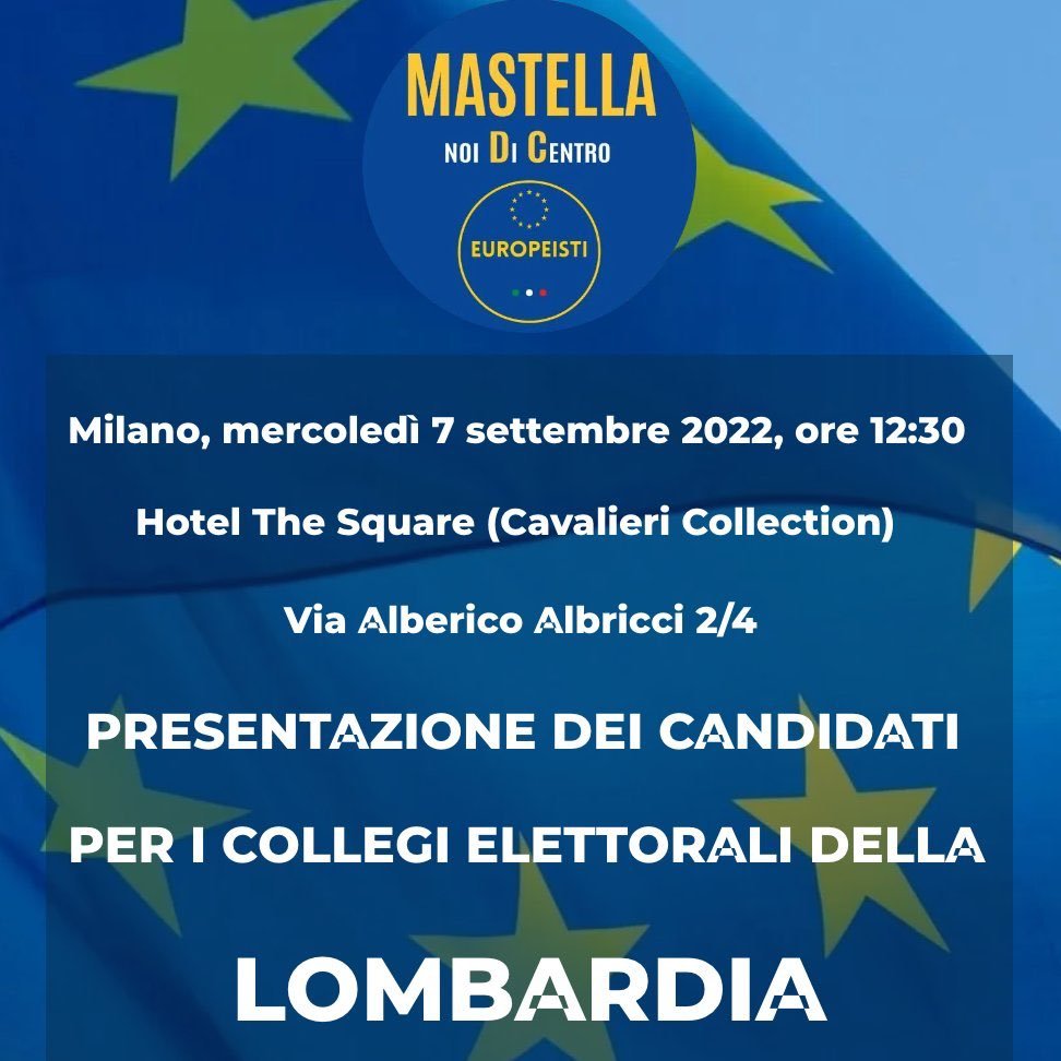 Oggi alle ore 12:30 presso l'Hotel The Square in via Alberico Albricci 2/4 la presentazione dei nostri candidati per i collegi elettorali della Lombardia. #EUROPEISTI #ElezioniPolitiche2022  🇪🇺🇮🇹🇪🇺