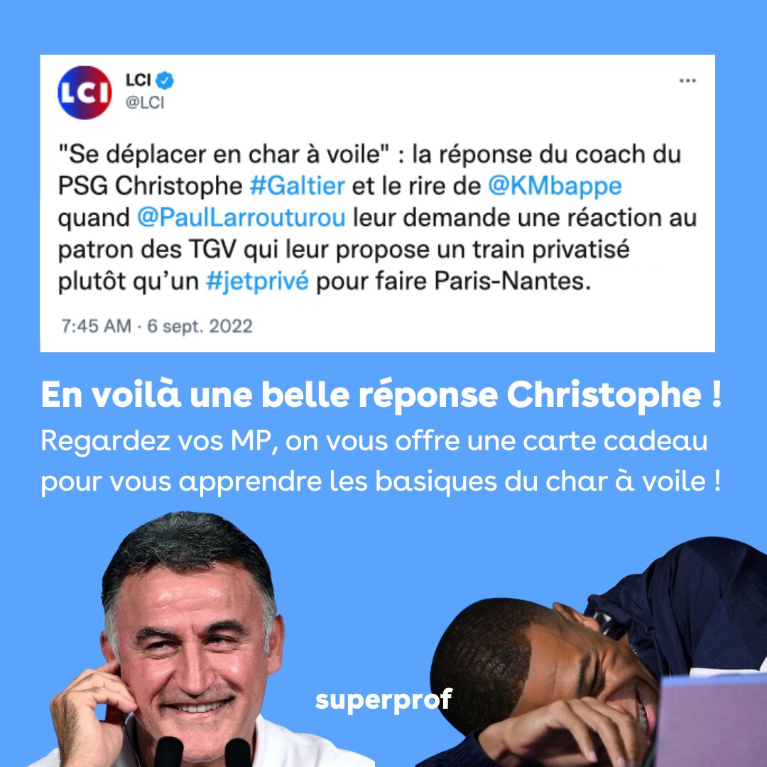 Superprof 🇫🇷 (@superprof_fr) on Twitter photo Peut aussi servir pour des cours de dressage de poney ou de pédalo, au choix ! 😂
#CharAvoile <a href="/KMbappe/">Kylian Mbappé</a> #Galtier #Superprof Peut aussi servir pour des cours de dressage de poney ou de pédalo, au choix ! 😂
#CharAvoile <a href="/KMbappe/">Kylian Mbappé</a> #Galtier #Superprof