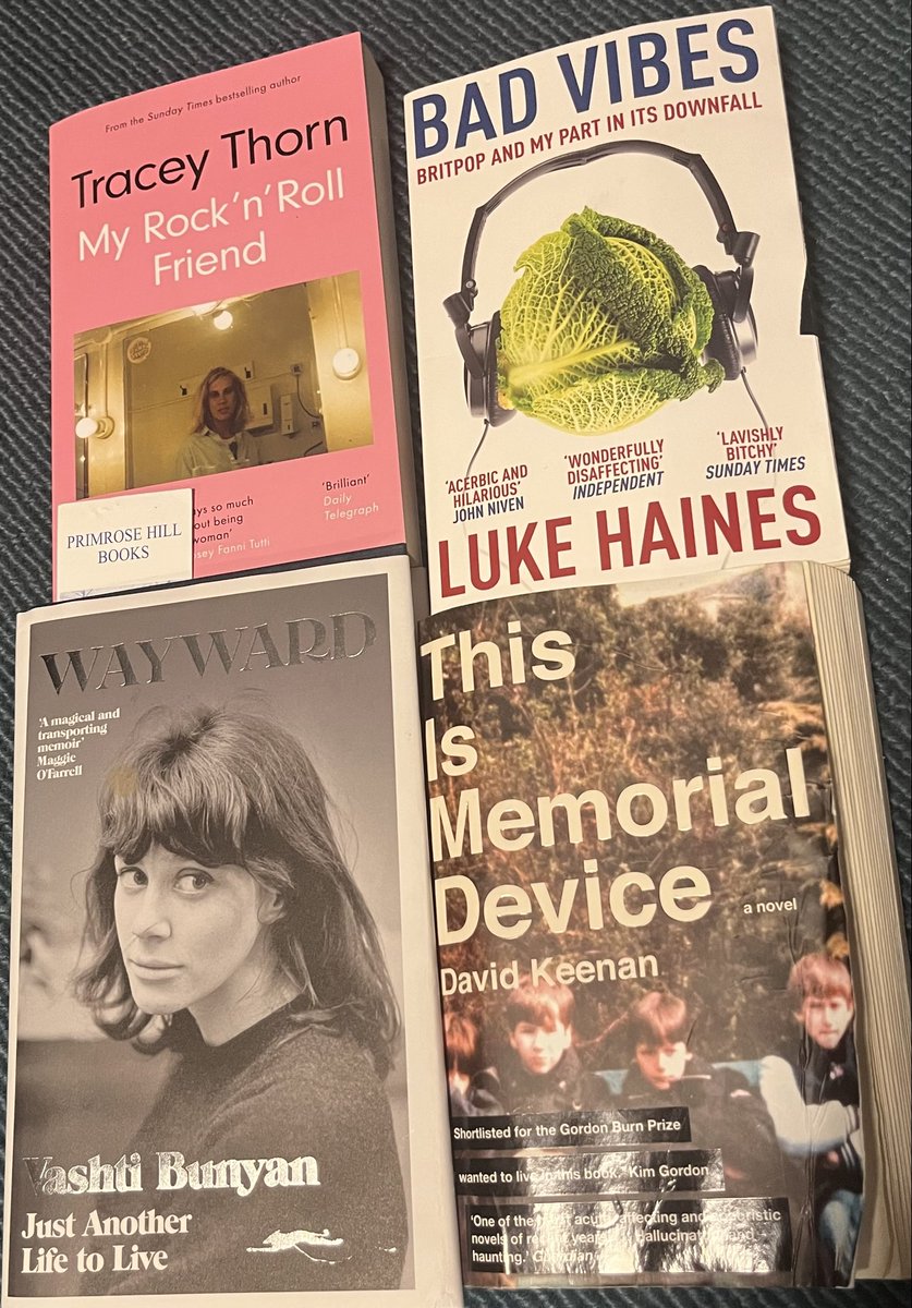 Lindymorrison8's tweet photo. I know you, shrugging, oh she just read them. 4 London mates on my visit in May recommended these books by ⁦@tracey_thorn⁩ , ⁦@LukeHaines_News⁩, #vashtibunyan
and Keenan ⁦⁦⁦@reversediorama⁩
I dropped one in the bath. UK music culture never felt better. https://t.co/wi8hL4RCDX