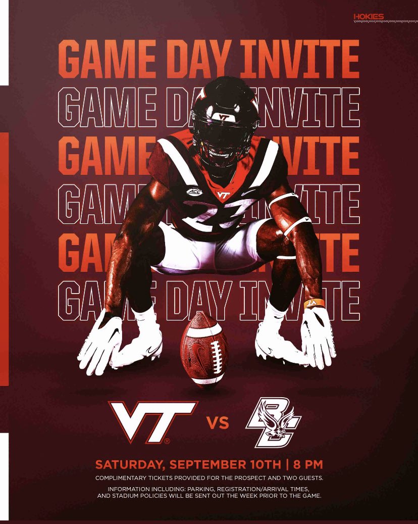 Thank you for the invite <a href="/HokiesFB/">Virginia Tech Football</a>.     Excited for this Saturday!!!! Go Hokies!! Beat BC  <a href="/CoachJoeRudolph/">Joe Rudolph</a> <a href="/CoachPryVT/">Brent Pry</a> <a href="/TylerBowen/">Tyler Bowen</a>