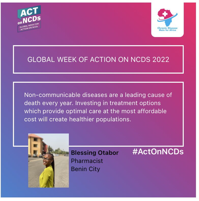 BlessingOtabor2's tweet photo. At @CHRONmate  we are amplifying our voices in line with the Global NCDs Week #ActOnNCDs. Investing in cost-effective actions geared towards the management of NCDs creates healthier populations .
#ActOnNCDs
#InvestToProtect
#OYW2022
#ChronicDiseaseMateForAfrica https://t.co/ewwHeopmjm