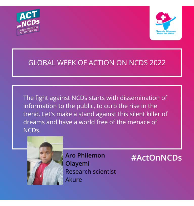 BlessingOtabor2's tweet photo. At @CHRONmate  we are amplifying our voices in line with the Global NCDs Week #ActOnNCDs. Investing in cost-effective actions geared towards the management of NCDs creates healthier populations .
#ActOnNCDs
#InvestToProtect
#OYW2022
#ChronicDiseaseMateForAfrica https://t.co/ewwHeopmjm