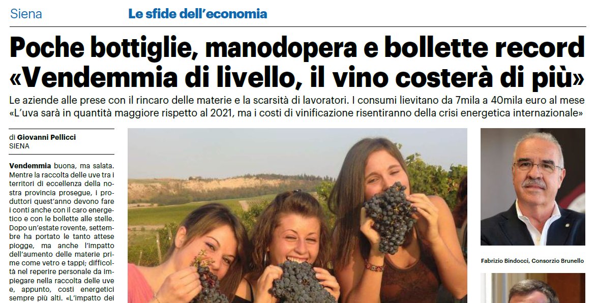 L'impatto del caro energia e dell'aumento delle materie prime (vetro, tappi e cartone) sulla vendemmia 2022 oggi su <a href="/Nazione_Siena/">Nazione Siena</a> con <a href="/consorzionobile/">CONS. VINO NOBILE</a> <a href="/Chiantidocg/">CHIANTI</a> #vino