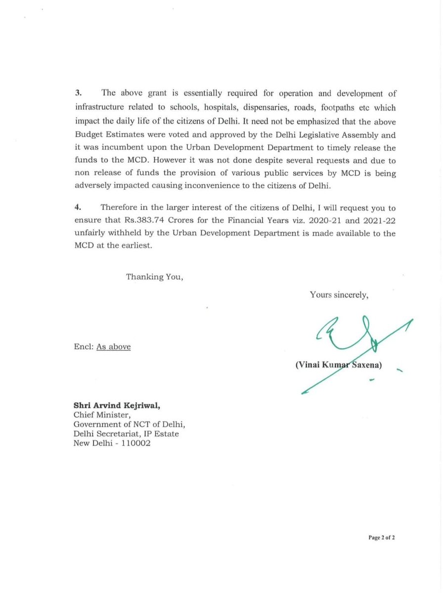 ANI's tweet photo. Delhi Lt Governor has written to CM Arvind Kejriwal and asked him to release MCD's amount of Rs 383.74 crores, relating to education and health, pending for 2 years:  Raj Niwas Delhi https://t.co/IfZbvi0tc4