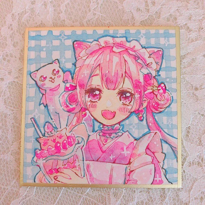 トゥールズさんのイラコン用に豆色紙イラスト描きました苺亭の看板娘、苺乃ちゃんです#豆イラコン 