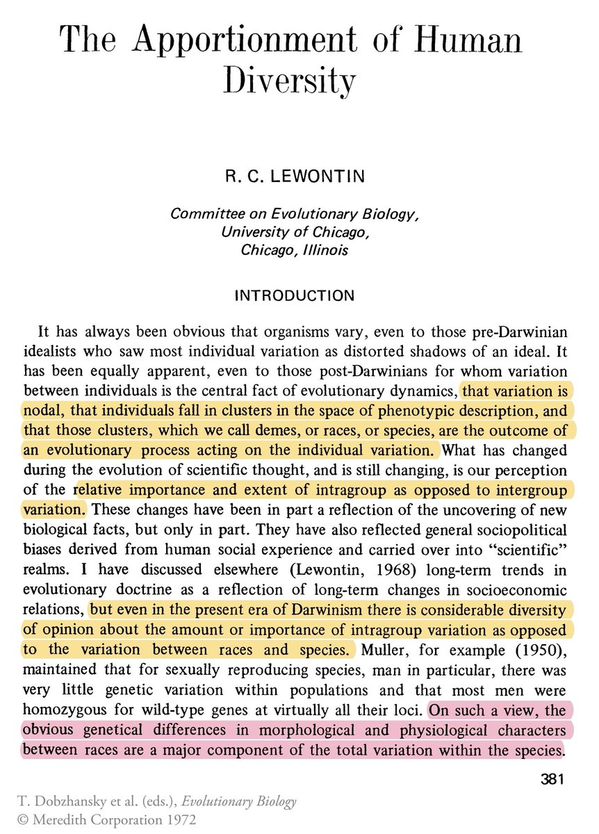 DialecticBio's tweet photo. It's crazy how Lewontin is accused of denying the possibility of genetic classification. A whole "fallacy" was named after him but he never implied such a thing. Rather, he argues against the essentialist view of race, which assumed large &amp; pervasive genetic differences b/w races https://t.co/pvkwIFlIST