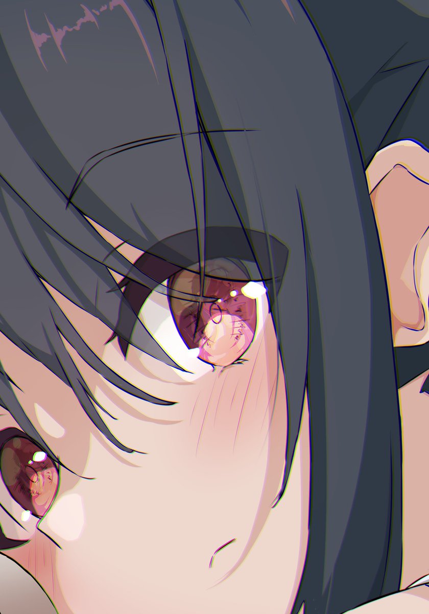 1girl solo black hair close-up eyes visible through hair blush looking at viewer  illustration images