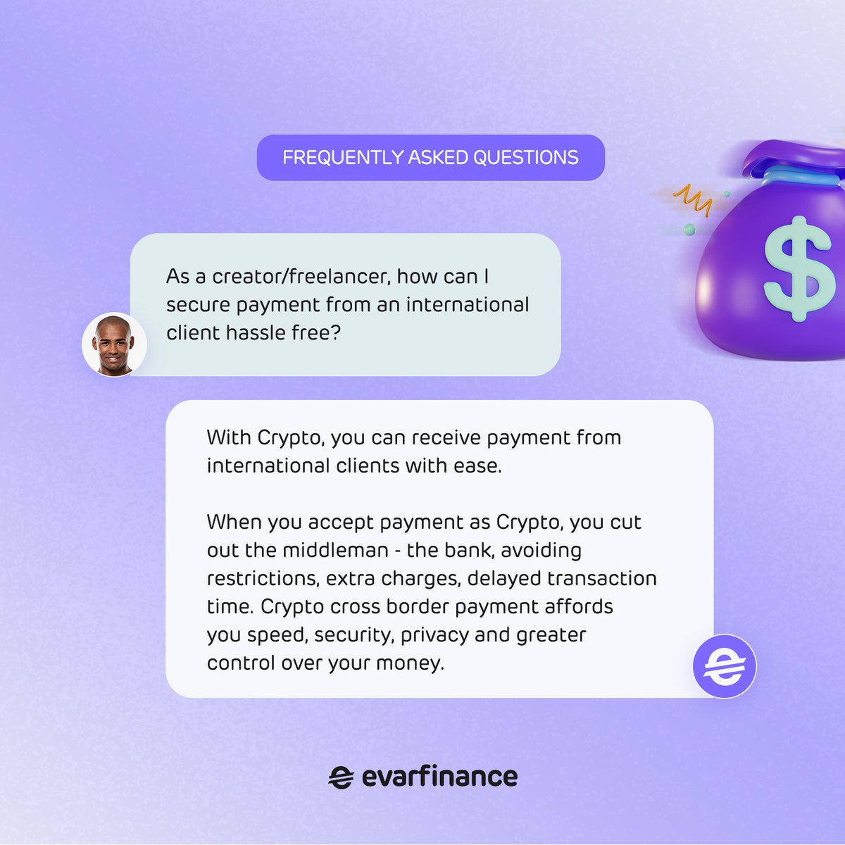 evarfinance's tweet photo. Getting paid in crypto gives you greater control over your money. 

#EvarFAQs https://t.co/rQIiECe95S