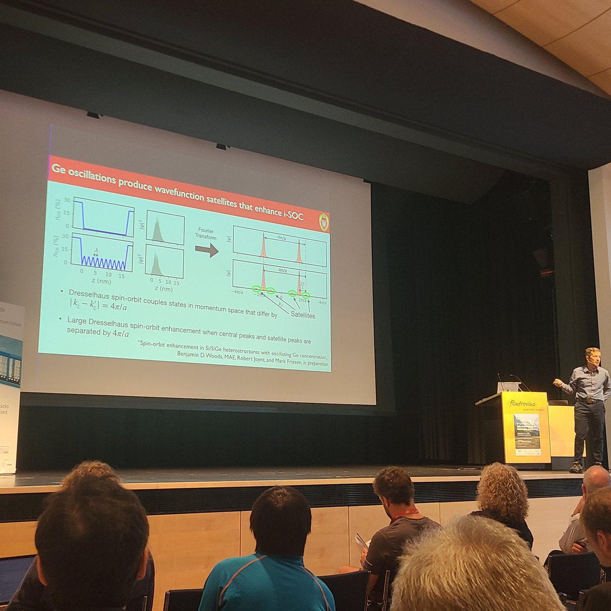 perronjk's tweet image. Mark Eriksson presenting very interesting results on their &quot;wiggle well&quot; (spatially modulating the Ge conc in the well)
Increased valley splitting (and tubable) and induced spin orbit interaction. 
Really interested to see how this is built upon in the future #SpinQubit5