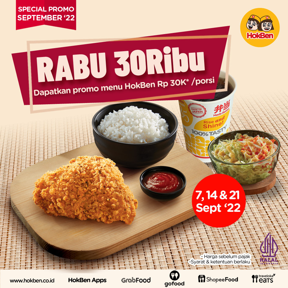 HOKBEN. Paket 1 HokBen Fried Chicken jadi 30ribu*. Sudah lengkap dengan nasi, salad &amp; lemon tea. 

Hanya berlaku hari Rabu selama bulan September 2022.

#MalioboroMall #HokBen #kulinerjogja #jajanjogja