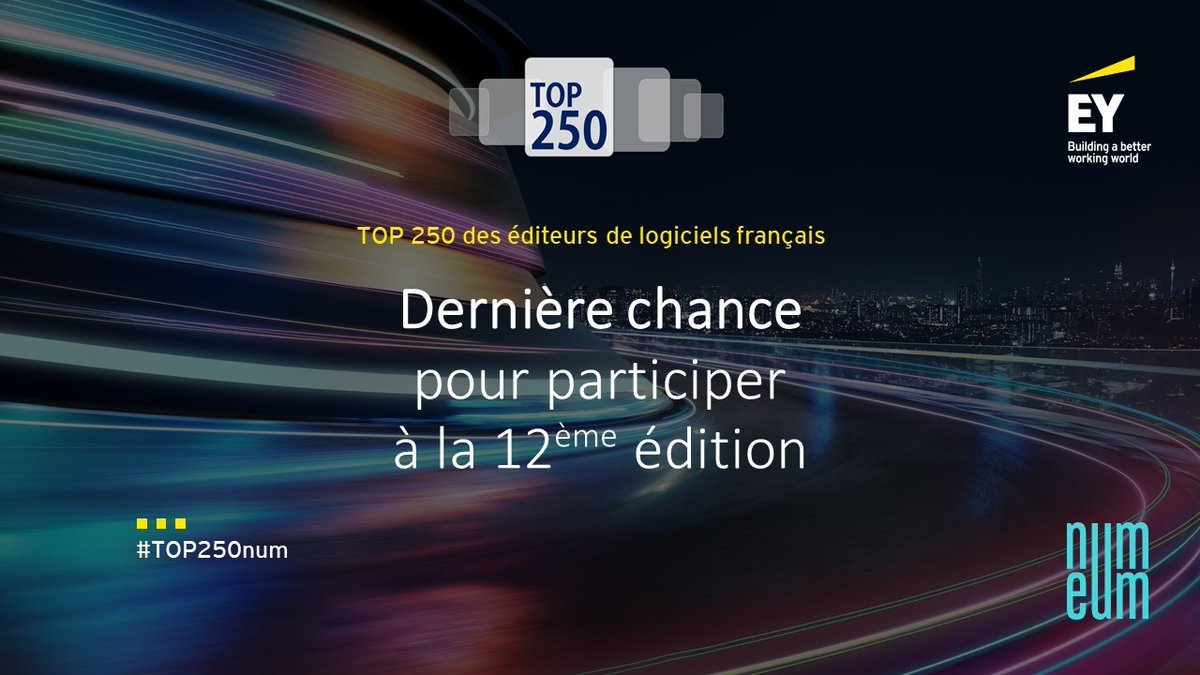 Last call pour apparaître dans notre étude TOP 250 des éditeurs de logiciels français ! 
Il est encore temps d'y contribuer en envoyant un email à top250@fr.ey.com
#top250num