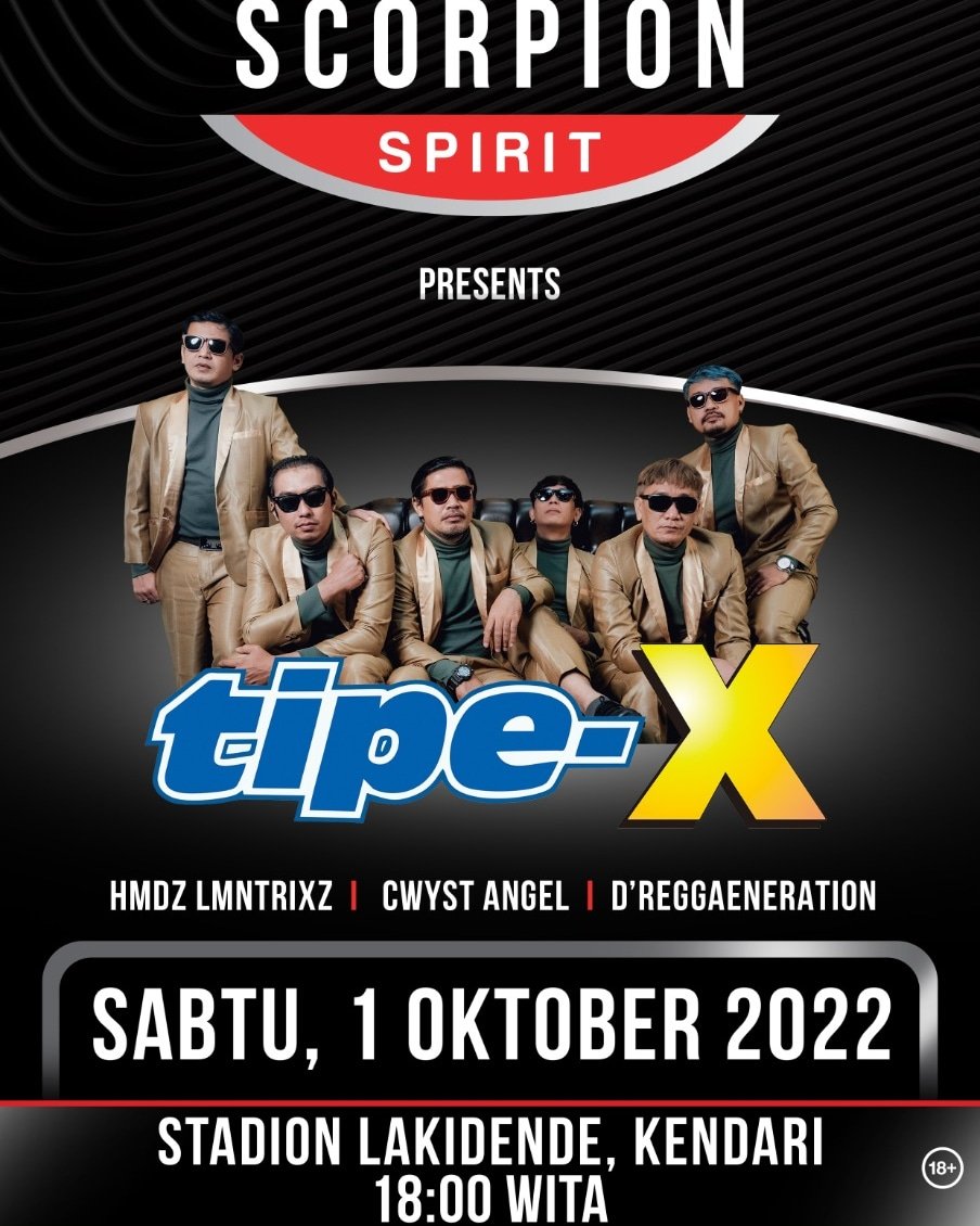 IndieKendari's tweet photo. SCORPION SPIRIT
present concert
TIPE-X
_
also performing :
• HMDZ LMNTRIXZ
• CWYST ANGEL
• D'REGAENERATION
_
Sabtu, 1 Oktober 2022
Stadion Lakidende, Kendari
18.00 Wita
_
#Indiekendari #ScorpionSpirit
#Tipex #MusicConcert
#KendariLocalEvent
#KendariSceneMusic https://t.co/TmDzF3j6hK