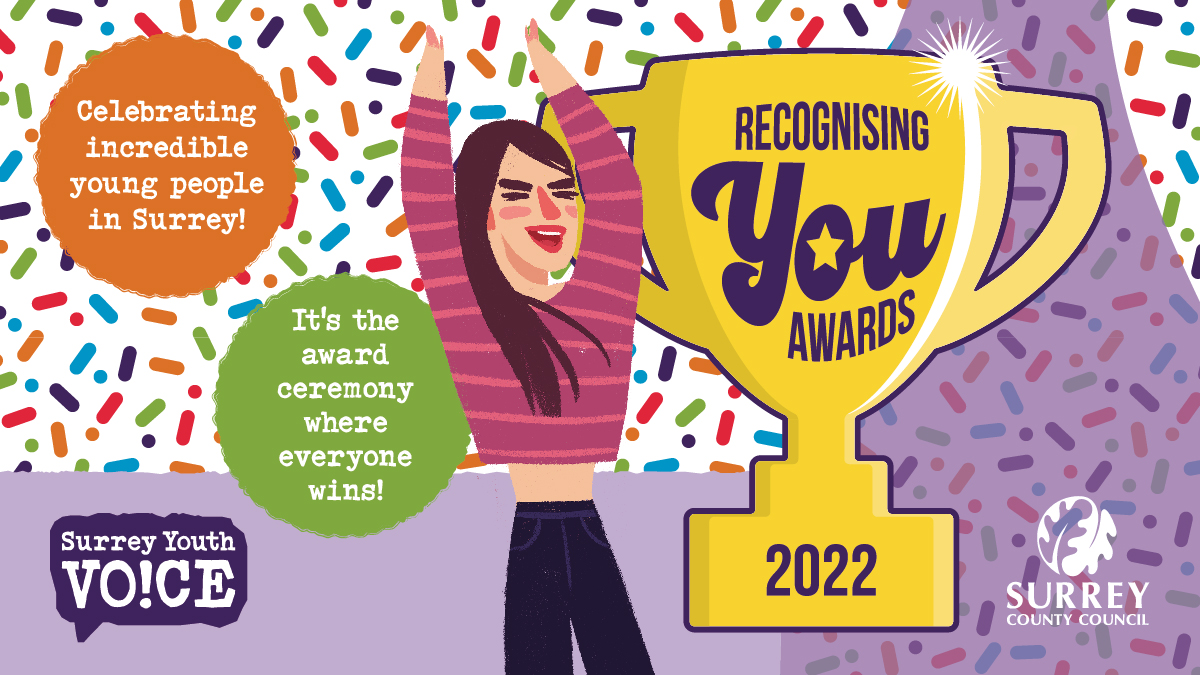 Nominations for the #RecognisingYouAwards are OPEN!🏆🎉
These awards aim to recognise the achievements of Surrey’s children &amp; young people. EVERYONE is a winner! To nominate, click the link in our bio. 
You can nominate as many young people as you like!
#RYA22 #SurreyYouthVoice