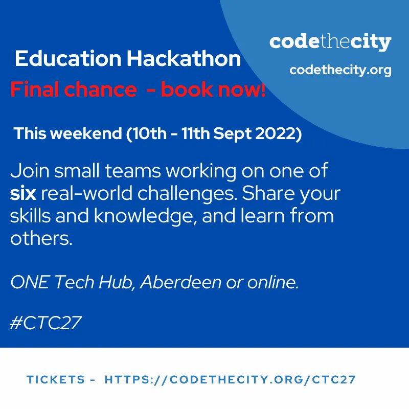 codethecity's tweet image. Final chance to book for this weekend's #Education #Hackathon.
Join a friendly community to work on one of six real-world challenges. No experience needed.
All welcome. Come find out more about #opendata and #coding - bring your own skills!
buff.ly/3PUIev2