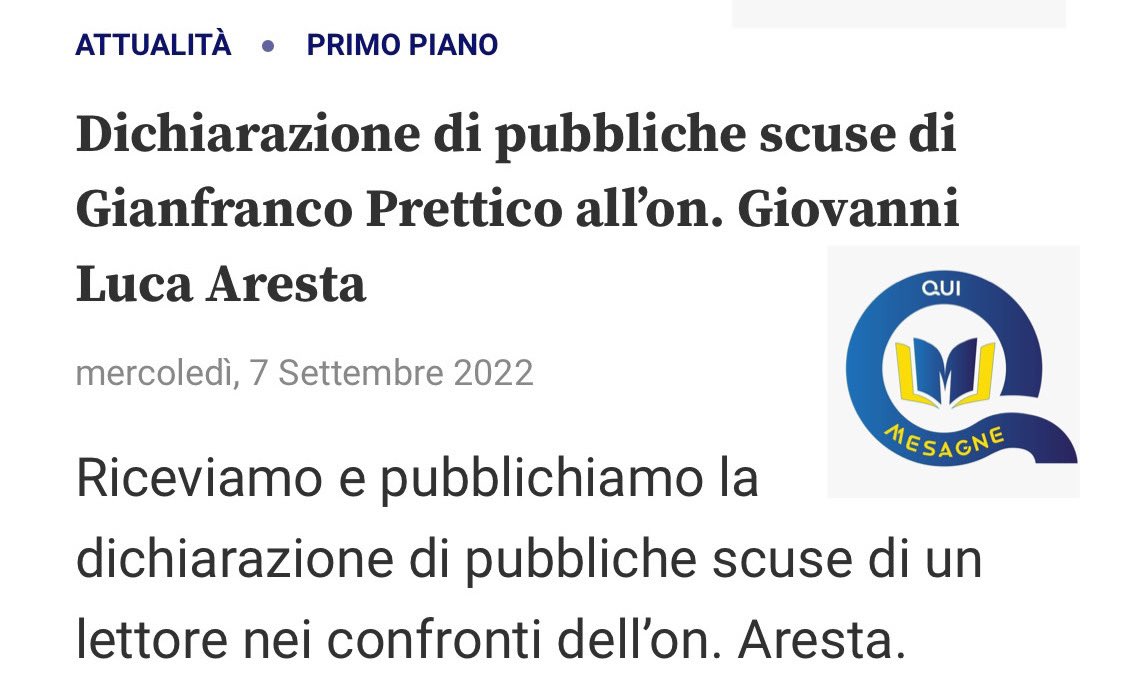 glaresta's tweet photo. Accetto le pubbliche scuse che un lettore mi ha rivolto tramite il quotidiano on line #QuiMesagne. Le critiche più efficaci sono sempre quelle fatte con gentilezza e rispetto: il confronto, anche acceso, torni ad essere il sale della democrazia
[https://t.co/SCa7VMpbu6] https://t.co/FRi13vBfU4