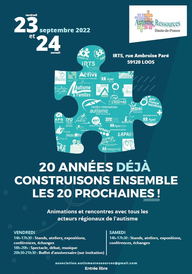 L’association Autisme ressources Hauts-de-France célèbre cette année son 20° anniversaire. 

L’ensemble des acteurs régionaux de l’autisme seront présents. 

Nous espérons vous y retrouver nombreux ! 💙