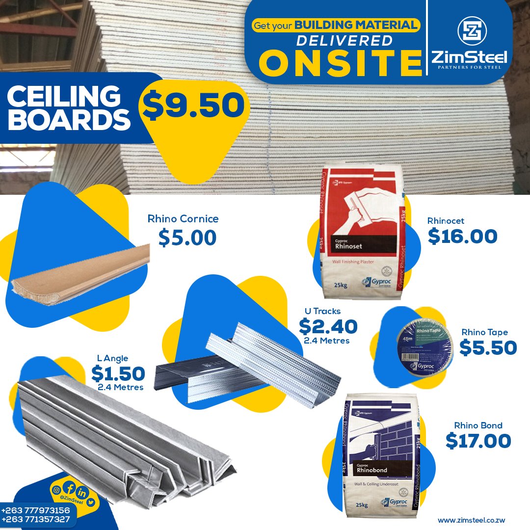 ZimSteel's tweet photo. Vaka kamwechete neZimsteel ! 

 #zimsteel #ceiling #rhinoset #rhinobond #building #construction #roofing #Zimbabwe https://t.co/a1WEmACJYe