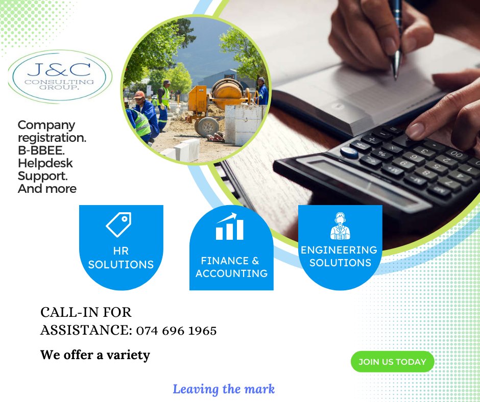 JC_ConsultingG's tweet photo. We offer services in; Human Resources, Finance and Accounting, Marketing, IT Solutions, Engineering and Tutoring.

For more info contact: 074 696 1965 https://t.co/Fqy9LiHI1F