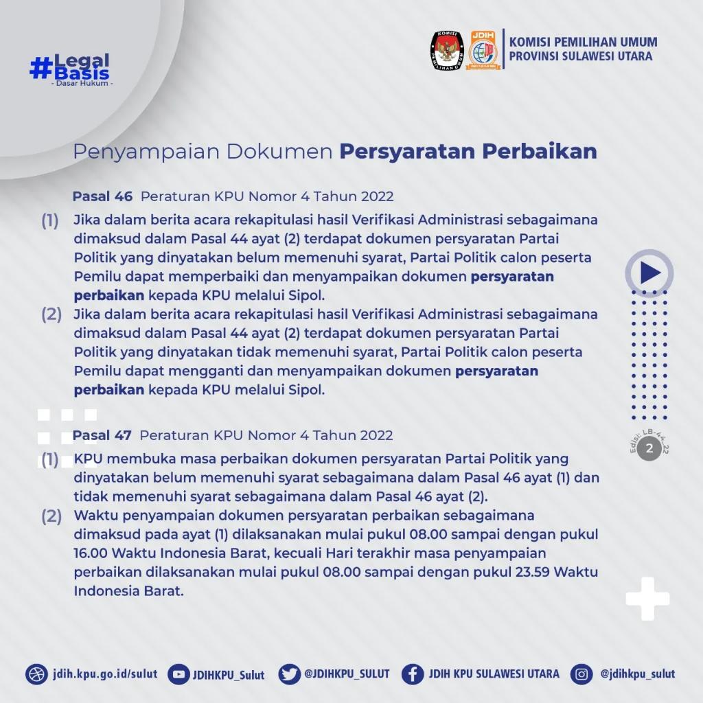 JDIHKPU_SULUT's tweet photo. #SobatJDIH
Selamat Sore Sobat JDIH KPU 🤩🙏🏻
Konten #legalbasis seri 44 hari ini akan mengulas tentang Masa Perbaikan Dokumen Pendaftaran Partai Politik. Yuk Simak grafis berikut ini ...

Jangan lupa like komentar dan bagikan ya 🤩🙏🏻 https://t.co/mloZSRenuA