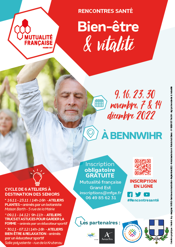 🧘 Dès le 09.11.22 à #Bennwihr (Haut-Rhin) : #RencontresSanté #BienEtreEtVitalité à destination des #Seniors

Au programme : ateliers #Plantes + #Relaxation, #Yoga, #ActivitéPhysique

✅ Gratuit | Inscriptions : cutt.ly/JCnd1uh

Organisé avec #ConfFinanceurs68 @Amaelles68