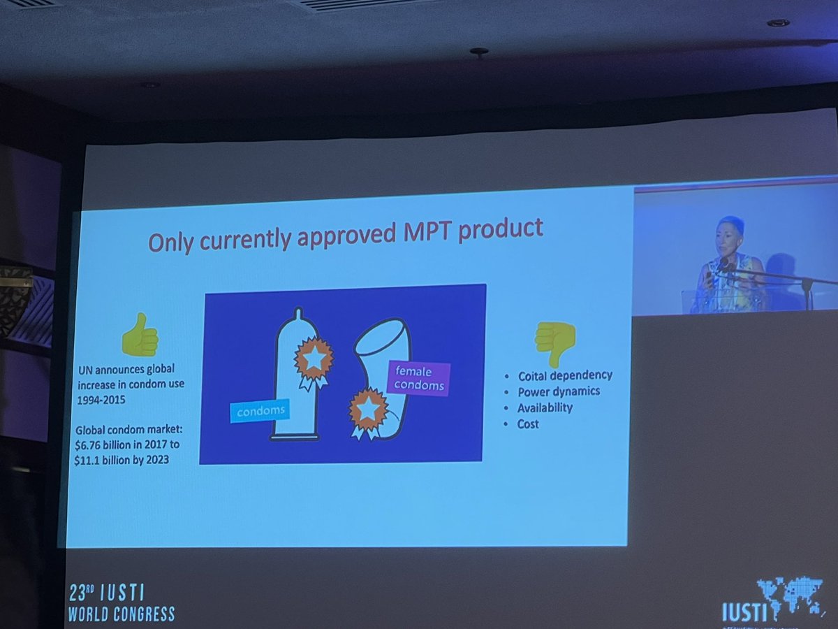 Excellent presentation from @LindaGailBekker from @DTHF_SA on improving research on Multipurpose prevention technologies (MPTs)— to combine protection against multiple risks incl. HIV, pregnancy and STIs— beyond condoms (!). More funding and attention needed #IUSTI2022