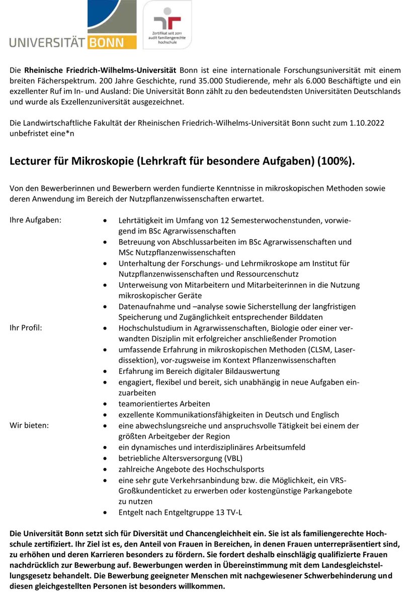 Pls RT: If you have a profound background in life cell microscopy of plant cells this might be an opportunity for you: E13 Lecturer für Mikroskopie (Lehrkraft für besondere Aufgaben) (involves teaching BSc classes in German):
uni-bonn.de/de/universitae…
