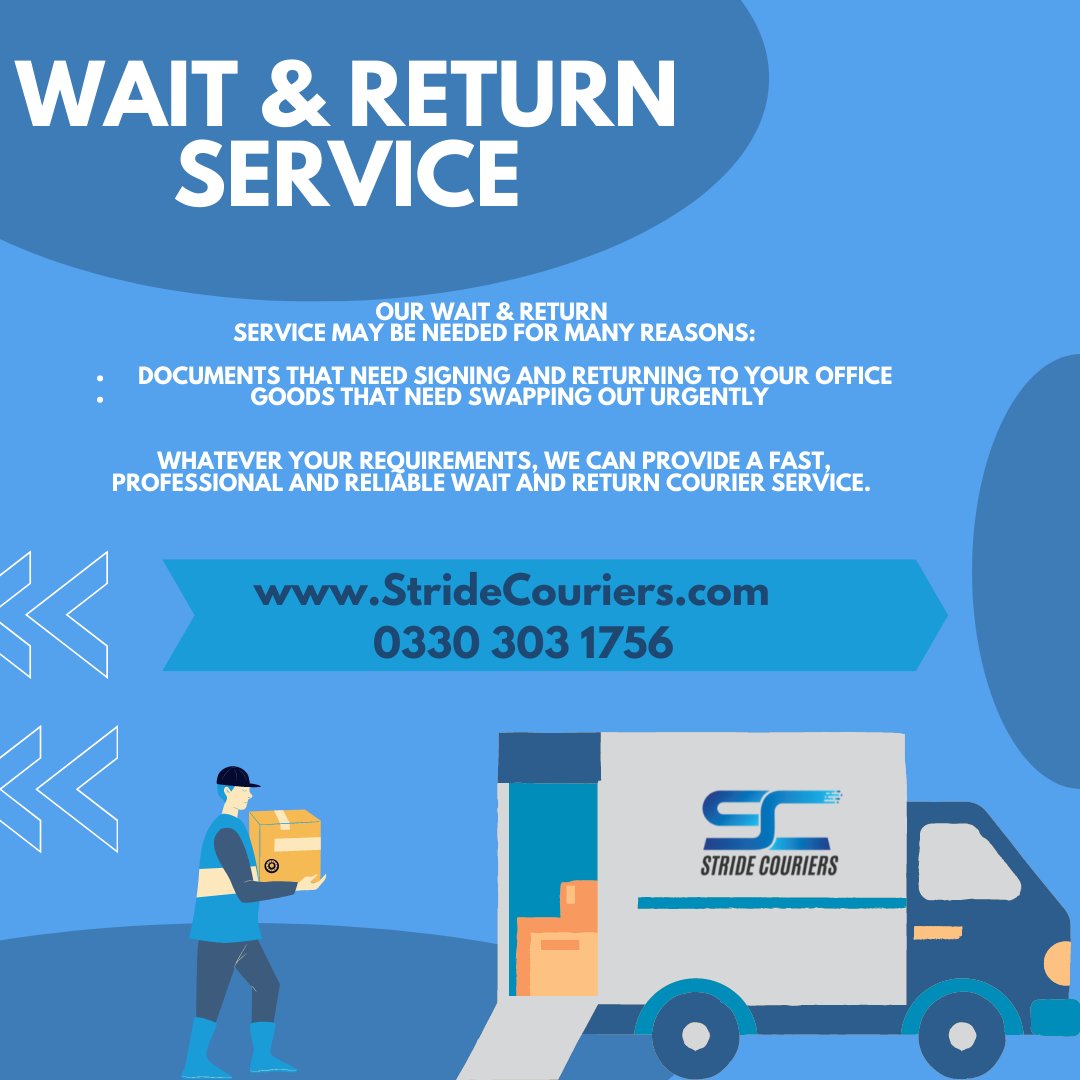 We offer this service to save you time and give you peace of mind!
*It also reduces the amount of transport overheads.

Whatever your requirment is we can provide a Fast, Professional and Reliable Wait and Return Courier Service. 

Why not contact us today on 0330 303 1756