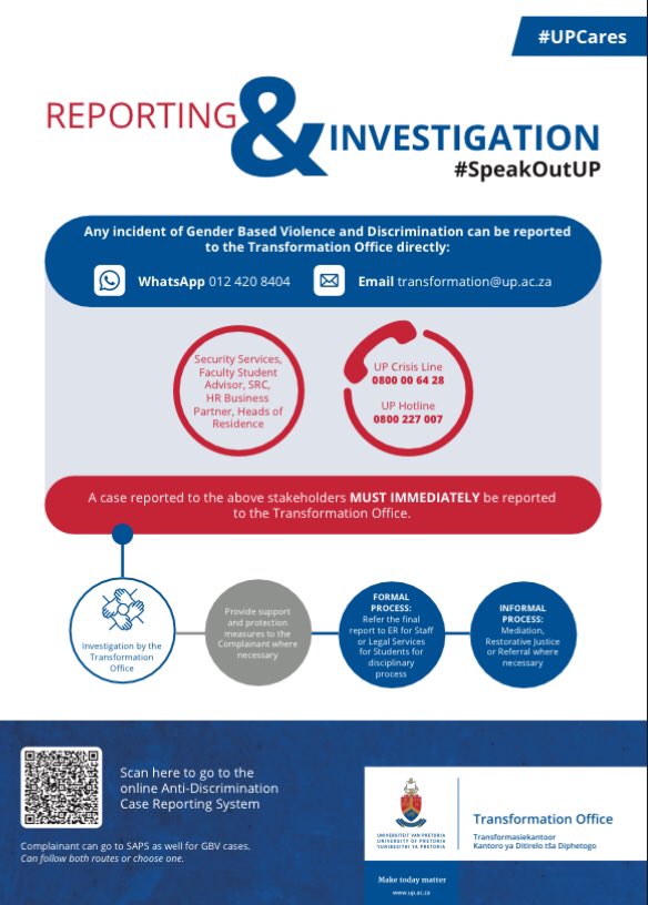 The Anti-Discrimination Reporting System has officially Launched! 

Here is some useful information on how to report any incidences of GBV, harassment or discrimination via your mobile devices, ClickUP, the UP Transformation Office and other support services.
#SpeakOutUP
