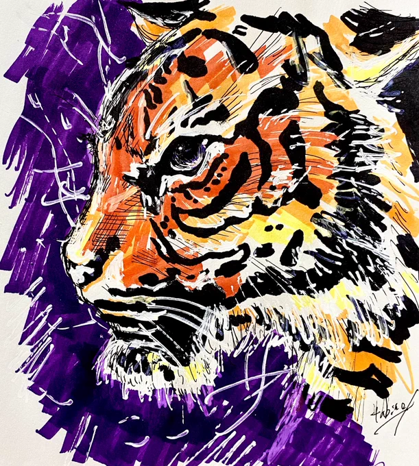 虎を描くと背景を紫にしちゃう癖。#虎 #動物イラスト #絵描きさんと繋がりたい 