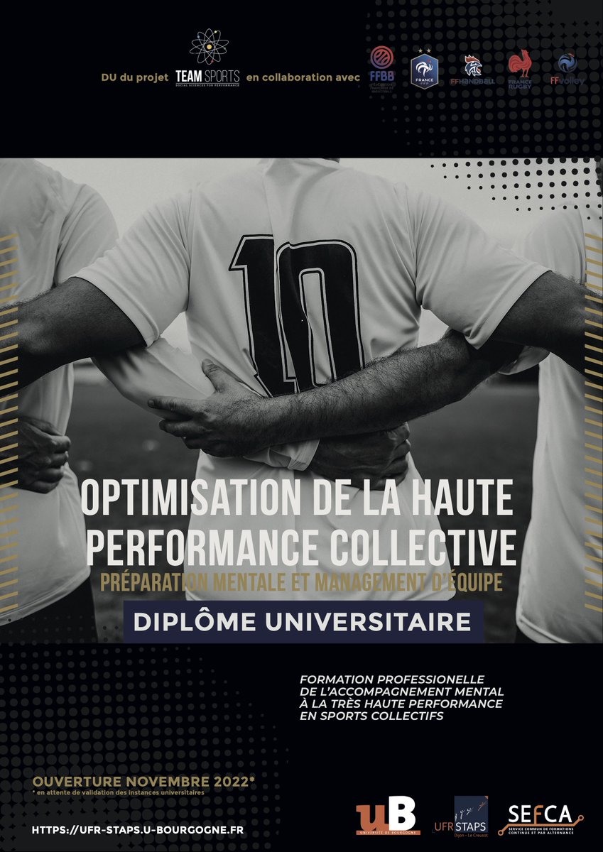 Mickaël CAMPO (@mick_campo) on Twitter photo Unique dans le paysage des formations en psychologie du sport - Le projet TEAM SPORTS sort son D.U Optimisation de la Haute Performance Collective à l’UFR STAPS de Dijon! Pré-inscriptions jusqu'à la fin du mois en envoyant un mail à formation.continue-staps@u-bourgogne.fr Unique dans le paysage des formations en psychologie du sport - Le projet TEAM SPORTS sort son D.U Optimisation de la Haute Performance Collective à l’UFR STAPS de Dijon! Pré-inscriptions jusqu'à la fin du mois en envoyant un mail à formation.continue-staps@u-bourgogne.fr