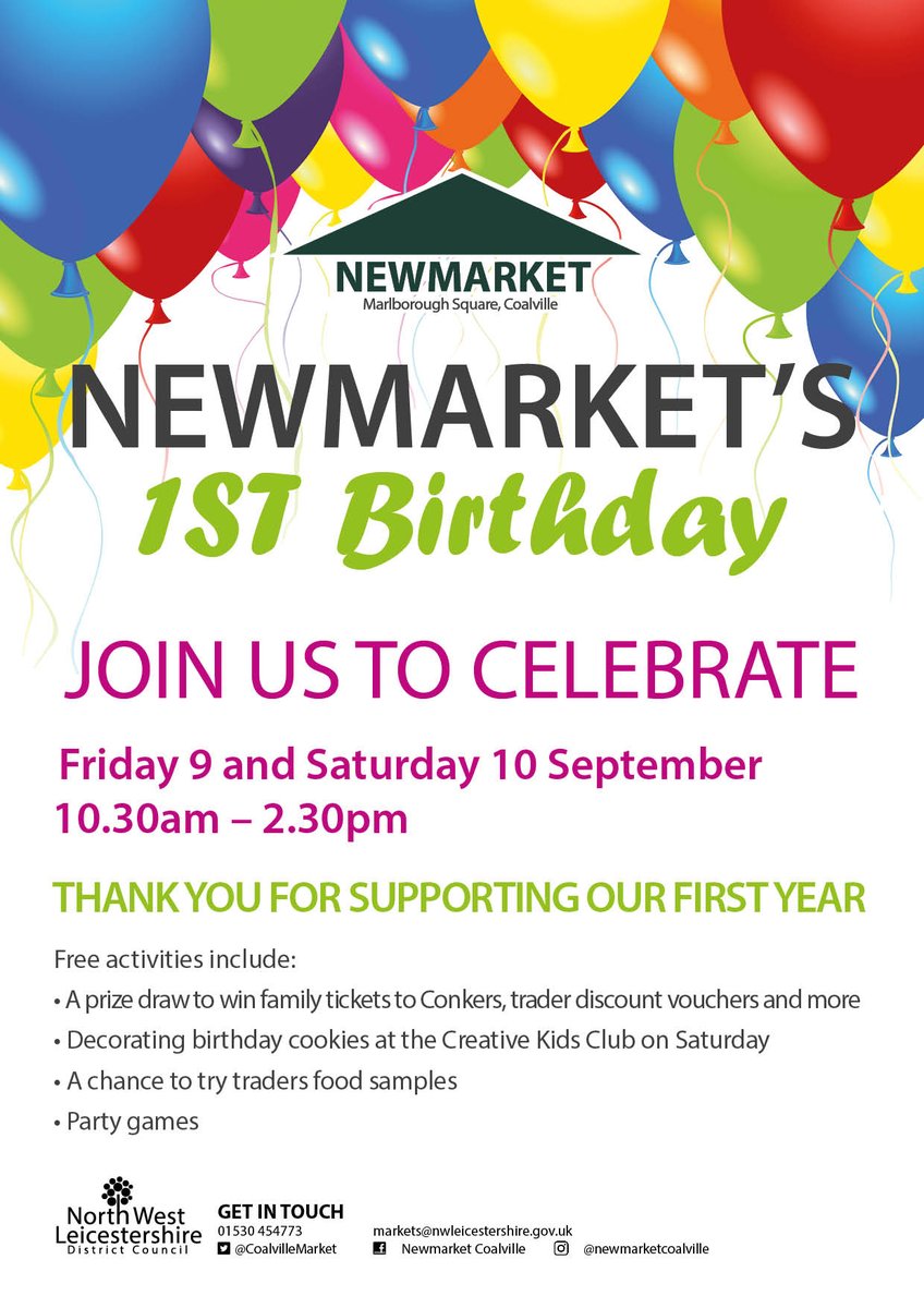Newmarket is one! 🎈🎉

This Friday and Saturday, we’ll be celebrating Newmarket’s first birthday.

Come down and join us to celebrate!

📅 Friday 9 and Saturday 10 September
⏲ 10.30am – 2.30pm
📍 Newmarket, Marlborough Square, Coalville